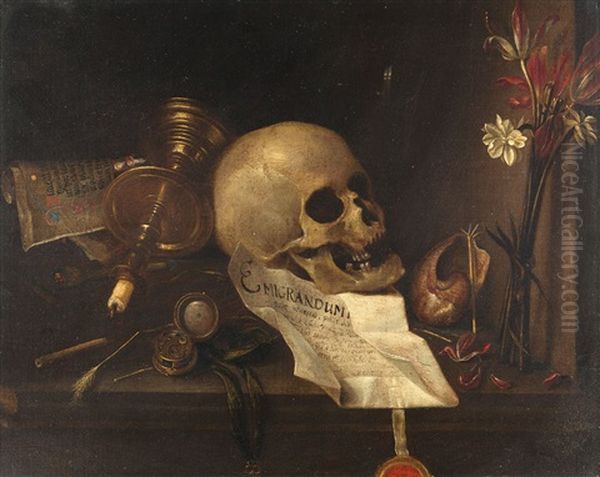 Vanitas-stillleben Mit Blumenstraus, Totenschadel Und Pergamenturkunde Oil Painting by Daniel (Georg D.) Schultz