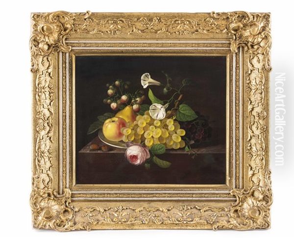 Stillleben Mit Rose, Obst Und Erdbeeren Oil Painting by Erdmann Schultz