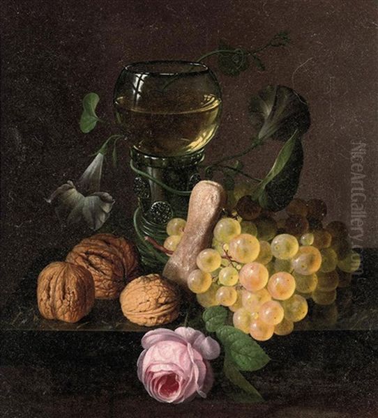 Still Life Of Grapes, Walnuts, A Rose And A Glass Of Wine, On A Ledge Oil Painting by Erdmann Schultz