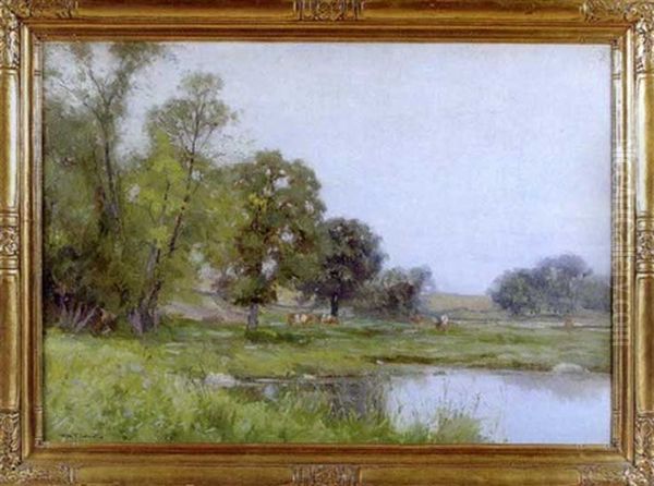 Summer Landscape With Grazing Cattle Oil Painting by George F. Schultz