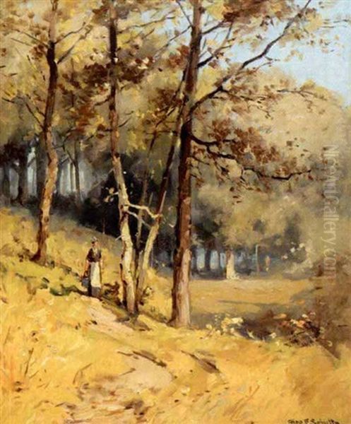 Figure In An Autumn Landscape Oil Painting by George F. Schultz