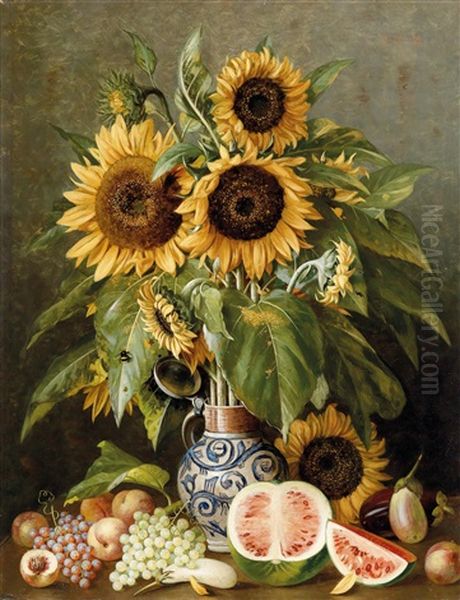 Groses Stillleben Mit Sonnenblumen Und Fruchten Oil Painting by Gottfried Schultz