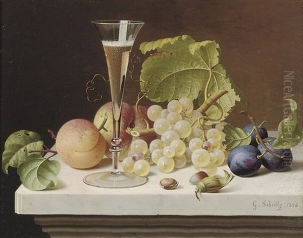 Grapes, Peaches, Plums, Nuts And A Glass Of Champagne On A Marble Ledge Oil Painting by Gottfried Schultz