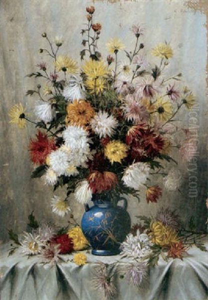 A Still Life With Flowers In A Blue Vase Oil Painting by Gottfried Schultz