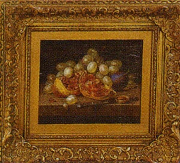 Still Life Of Grapes, Pomegranate, Plum, And A Knife Resting On A Marble Slab Oil Painting by Gottfried Schultz