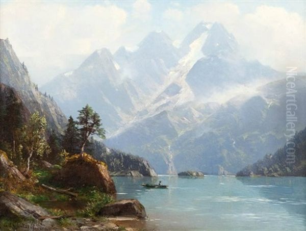 Alpine Landscape With A Lake Oil Painting by Karl Schultze