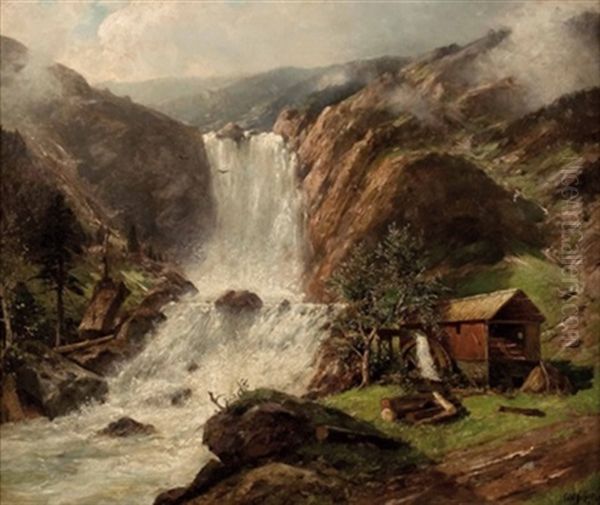 Sagewerkhutte Am Gebirgswasserfall Oil Painting by Karl Schultze