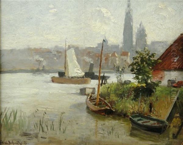 Antwerpen. Blick Von Der Schelde Auf Die Silhouette Der Stadt Mit Der Kathedrale Unserer Lieben Frau Oil Painting by Karl Schultze