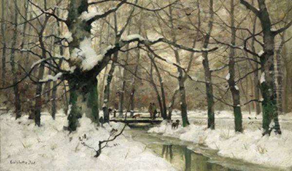 Winterliche Parklandschaft Mit Jagern Und Hunden Oil Painting by Karl Schultze