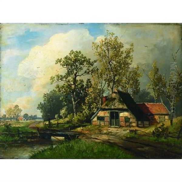 A Winter Landscape With A Cottage By A Stream Oil Painting by Karl Schultze