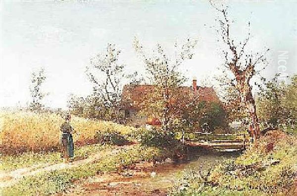 Sommerliche Landschaft Mit Bachlauf Und Bauerngehoft. Links Auf Dem Weg Eine Bauerin Oil Painting by Karl Schultze