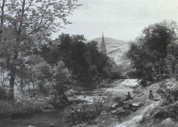 Fluslauf Mit Stromschnellen Und Einem Kirchdorf Im Hintergrund Oil Painting by Karl Schultze