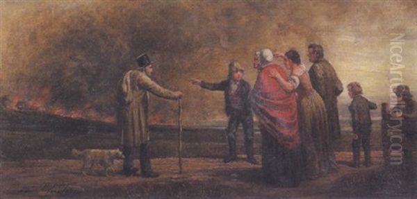 Distant Fire With Onlookers Oil Painting by Louis Schultze