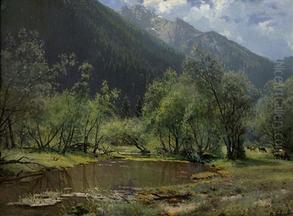 Sommerliche Gebirgslandschaft Mit Waldweiher Oil Painting by Robert Schultze