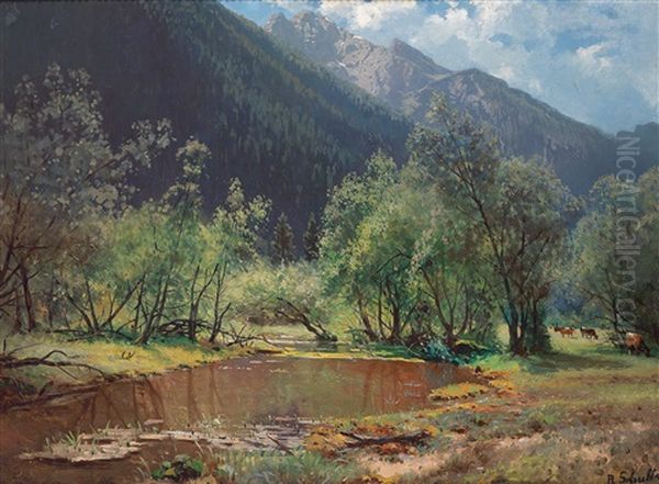 A Pond With Cows In The Sunlight Oil Painting by Robert Schultze