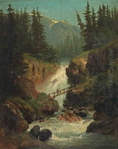 Hochgebirgslandschaft Mit Katarakt, Holzernem Steg Und Figurenstaffage Oil Painting by Robert Schultze