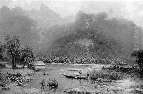 Fishermen On A Lake In An Alpine Landscape Oil Painting by Robert Schultze