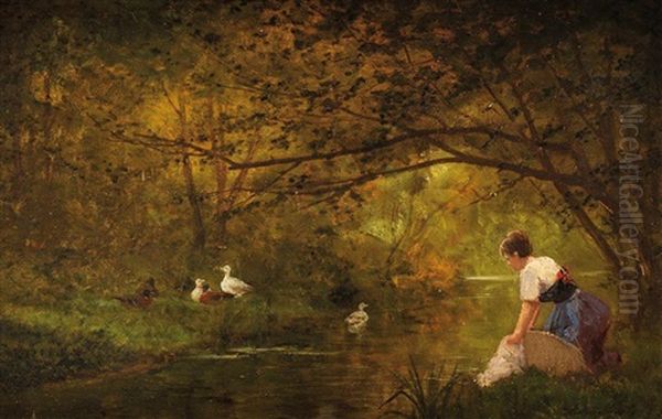 Lavandiere Et Canards En Sous-bois A La Fontaine Des Sept Gres, Pres De Montigny Oil Painting by Adrien Schulz