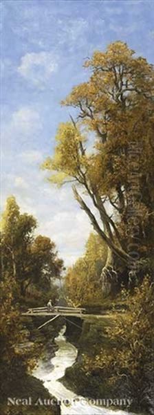 Pecheur Sur Un Pont Dans Le Foret De Fontainebleau Oil Painting by Adrien Schulz