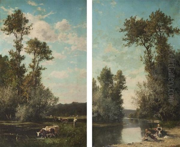 Une Bergere Et Ses Vaches Et Les Lavandieres (pair) Oil Painting by Adrien Schulz