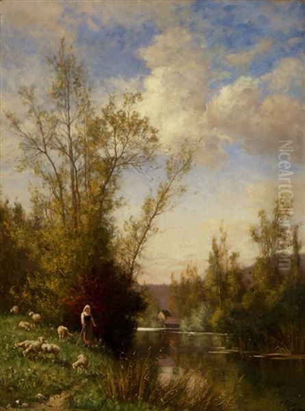 Schaferin Am Fluss Oil Painting by Adrien Schulz