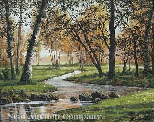 Creek Under The Trees, Bois De Boulogne, Autumn Oil Painting by Adrien Schulz