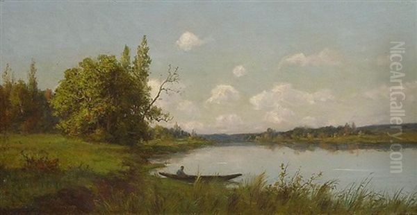 Sommerliche Fluslandschaft Mit Einem Angler In Seinem Boot Oil Painting by Adrien Schulz