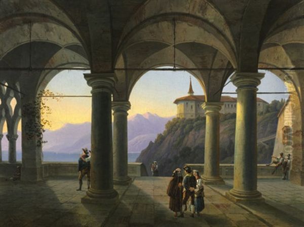 Blick Auf Einen Weiten Bergsee Durch Die Saulenvorhalle Eines Italienischen Konvents Mit Figuren Oil Painting by Alois Gustav Schulz