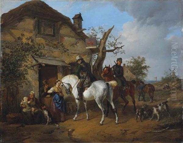 Hunters Near The Inn 'im Rotten Loeven' Oil Painting by Carl Friedrich Schulz