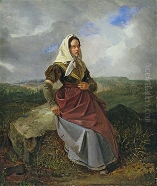 Woman On A Rock In The Landscape Oil Painting by Carl Friedrich Schulz