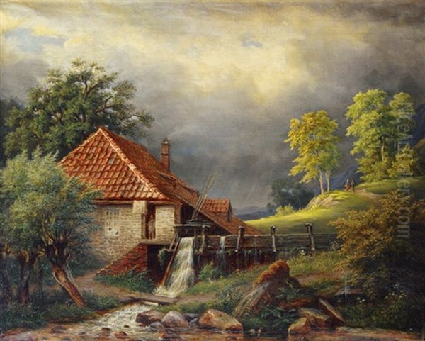 Water Mill Oil Painting by Carl Friedrich Schulz