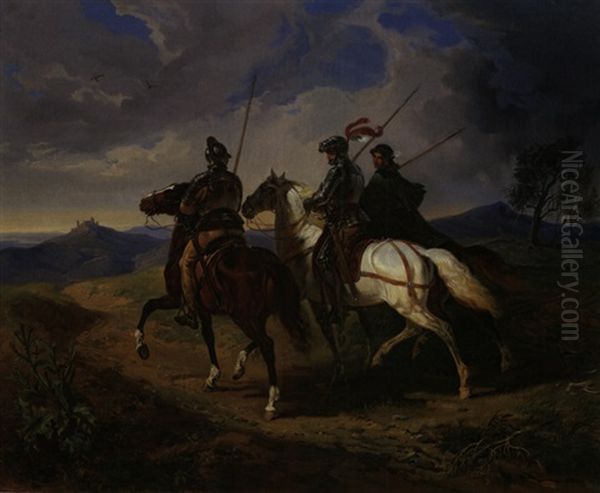 Heimkehr Eines Ritters, Begleitet Von Weiteren 2 Reitern, Alle 3 Mit Lanzen Oil Painting by Carl Friedrich Schulz