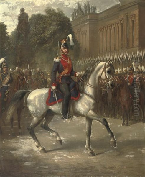 Parade Unter Den Linden - A Military Parade With A Prussian Prince By The Old Academy Oil Painting by Friedrich Schulz