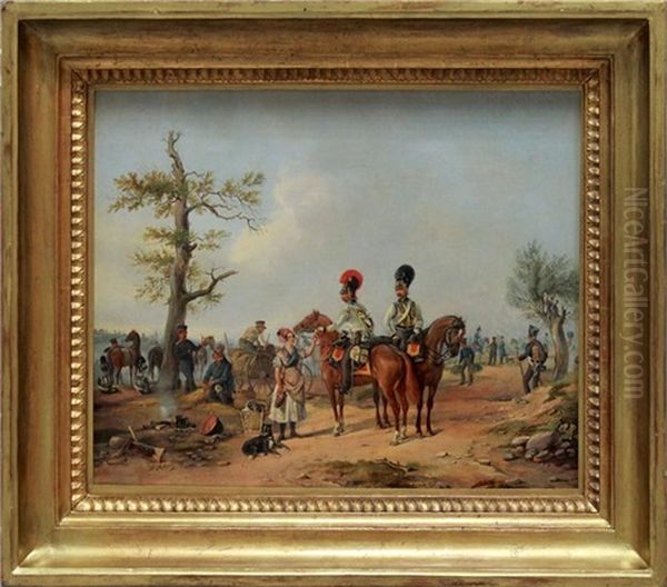 Preusisches Militarlager Mit Dragoner Oil Painting by Julius Carl Schulz