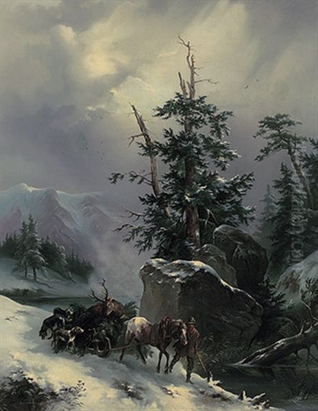 Winterliche Hochgebirgslandschaft. Jager Bringt Erlegten Hirschen Auf Dem Schlitten Zu Tal Oil Painting by Julius Carl Schulz