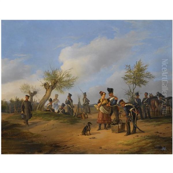 Prussian Soldiers At A Bivouac Oil Painting by Julius Carl Schulz