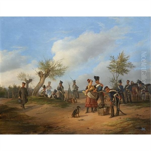 Prussian Soldiers At A Bivouac Oil Painting by Julius Carl Schulz