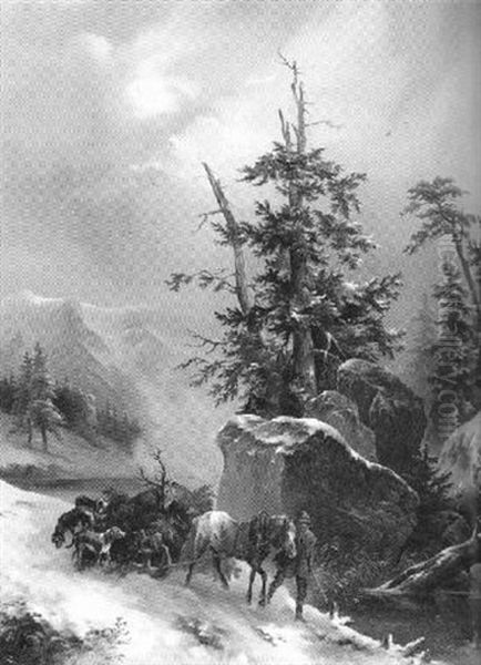 Jagdgespann Im Winterlichen Gebirgswald Oil Painting by Julius Carl Schulz