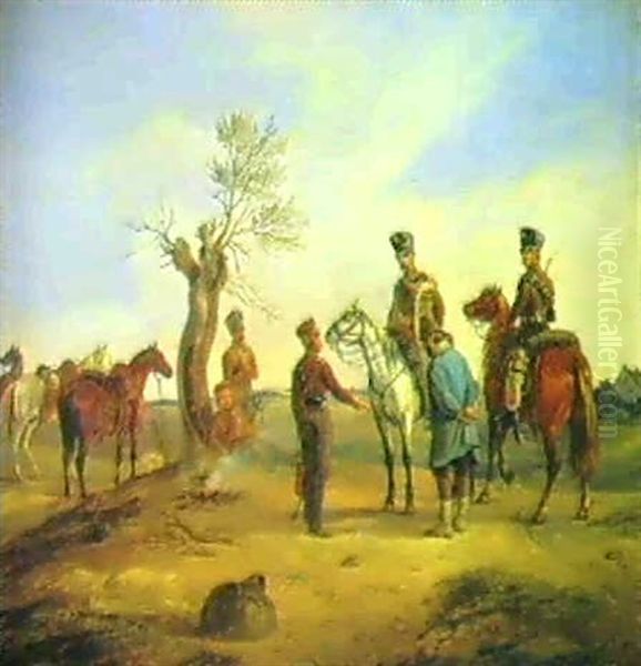 Gefangennahme Eines Spions Von Preussischen Husaren Oil Painting by Julius Carl Schulz