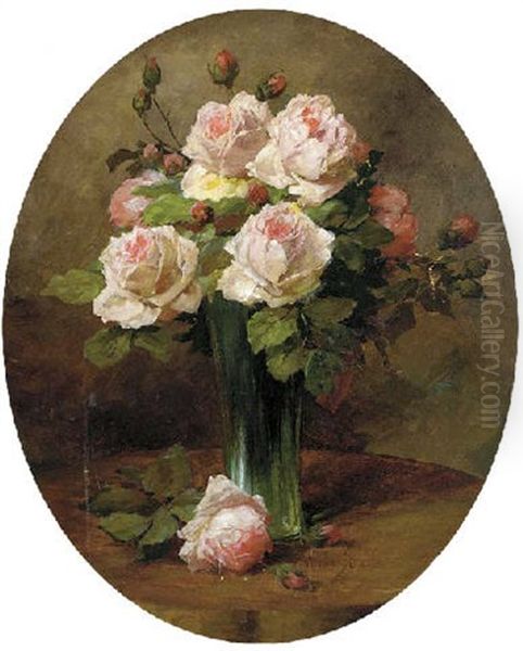 A Vase Of Pink Roses Oil Painting by Wilhelm Schulz