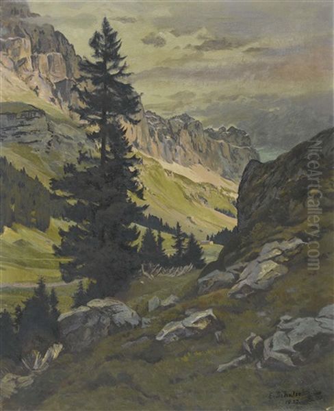 Urnerboden Mit Jagerstocken Oil Painting by Emil Schulze