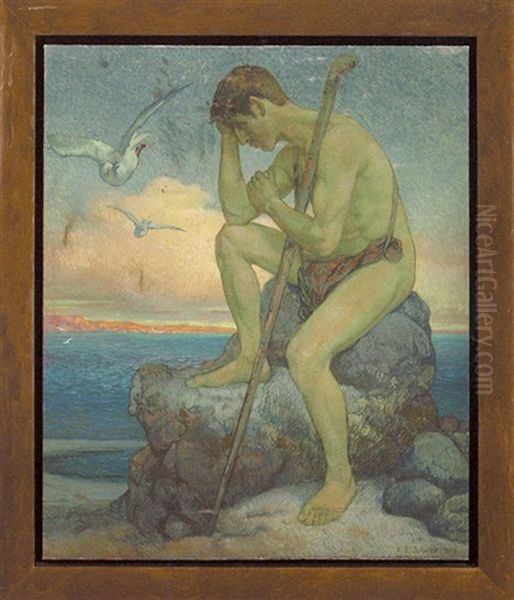 Pensive Male Figure On Rocky Shore Oil Painting by Emil Schulze