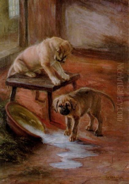 Lekande Hundvalpar Oil Painting by Ida Eleonora de Schulzenheim