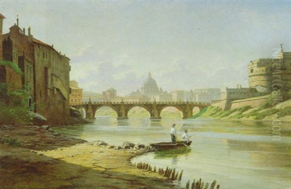 Pecheurs Au Bord Du Tibre, Pres Du Pont Du Chateau Saint-ange A Rome Oil Painting by Carl Georg Christian Schumacher