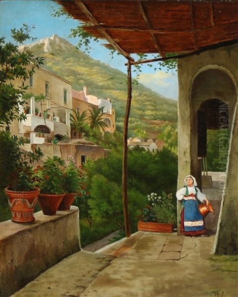 An Italian Woman In A Pergola Oil Painting by Harald Peter William Schumacher