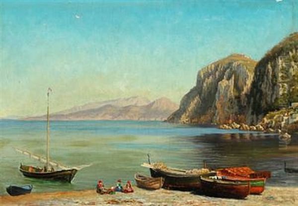 A View From Capri With People On The Beach Oil Painting by Harald Peter William Schumacher