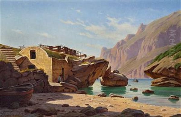 Rocky Coast With A Fisherman Drying His Fishing Nets, Capri Oil Painting by Harald Peter William Schumacher