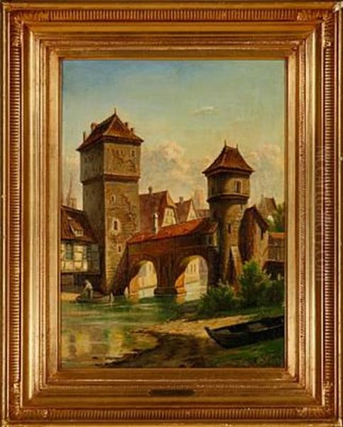 Overlooking The Hangman Bridge In Nuremberg Oil Painting by Harald Peter William Schumacher