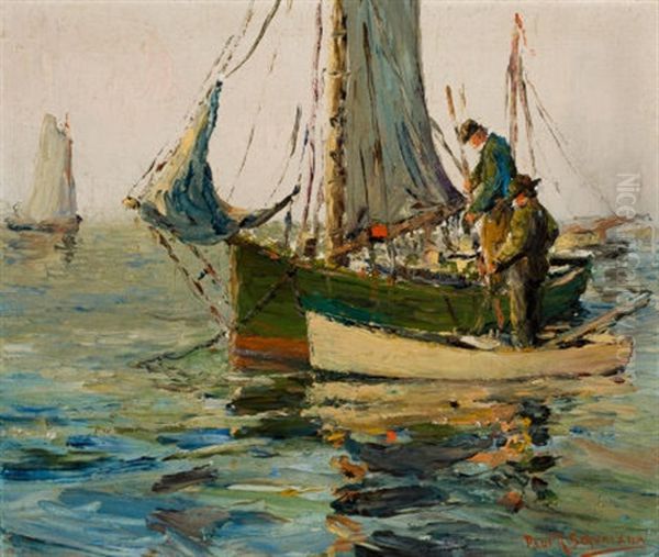 Oyster Fishing, Galveston (doublesided) Oil Painting by Paul Schumann