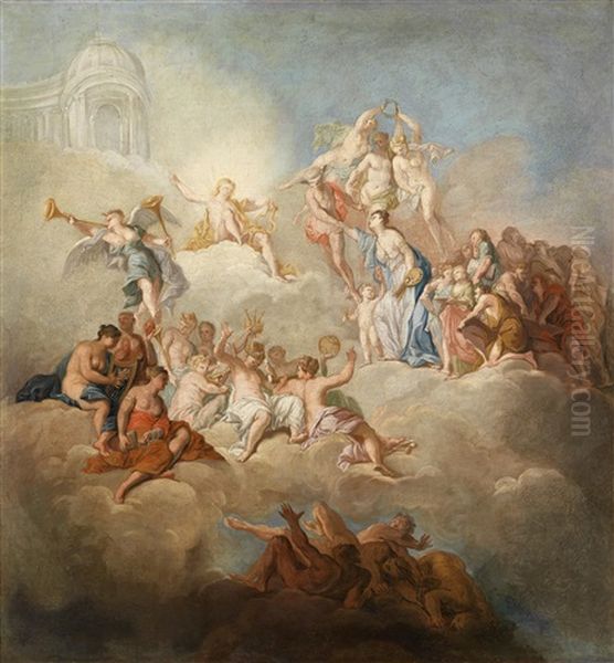 Die Aufnahme Der Malerei In Das Reich Apollos; Minerva Eilt Den Bedrangten Kunsten Zu Hilfe (pair) Oil Painting by Jacob van Schuppen